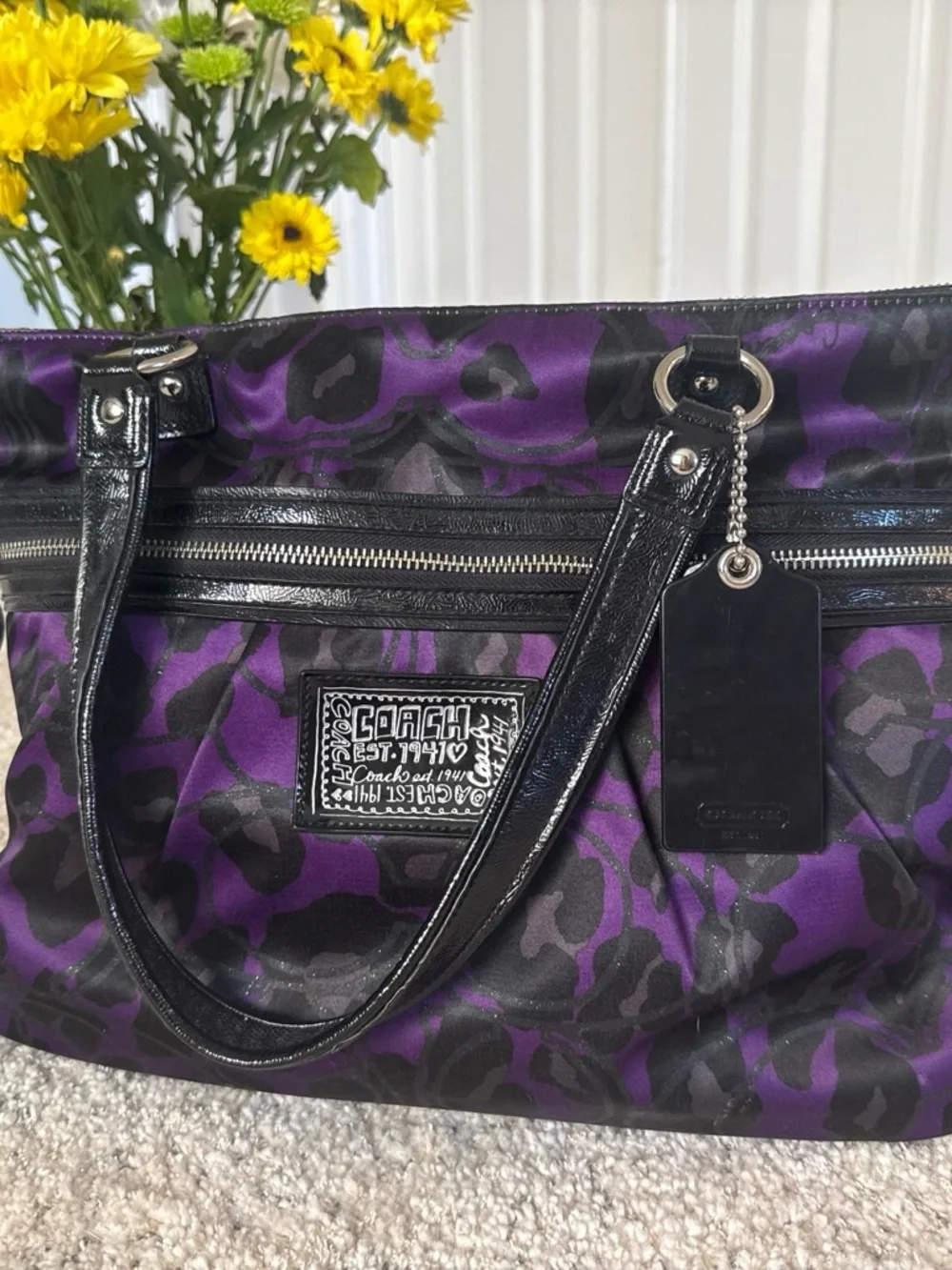 Coach Purple and Black Leopard-Print Shoulder Bag